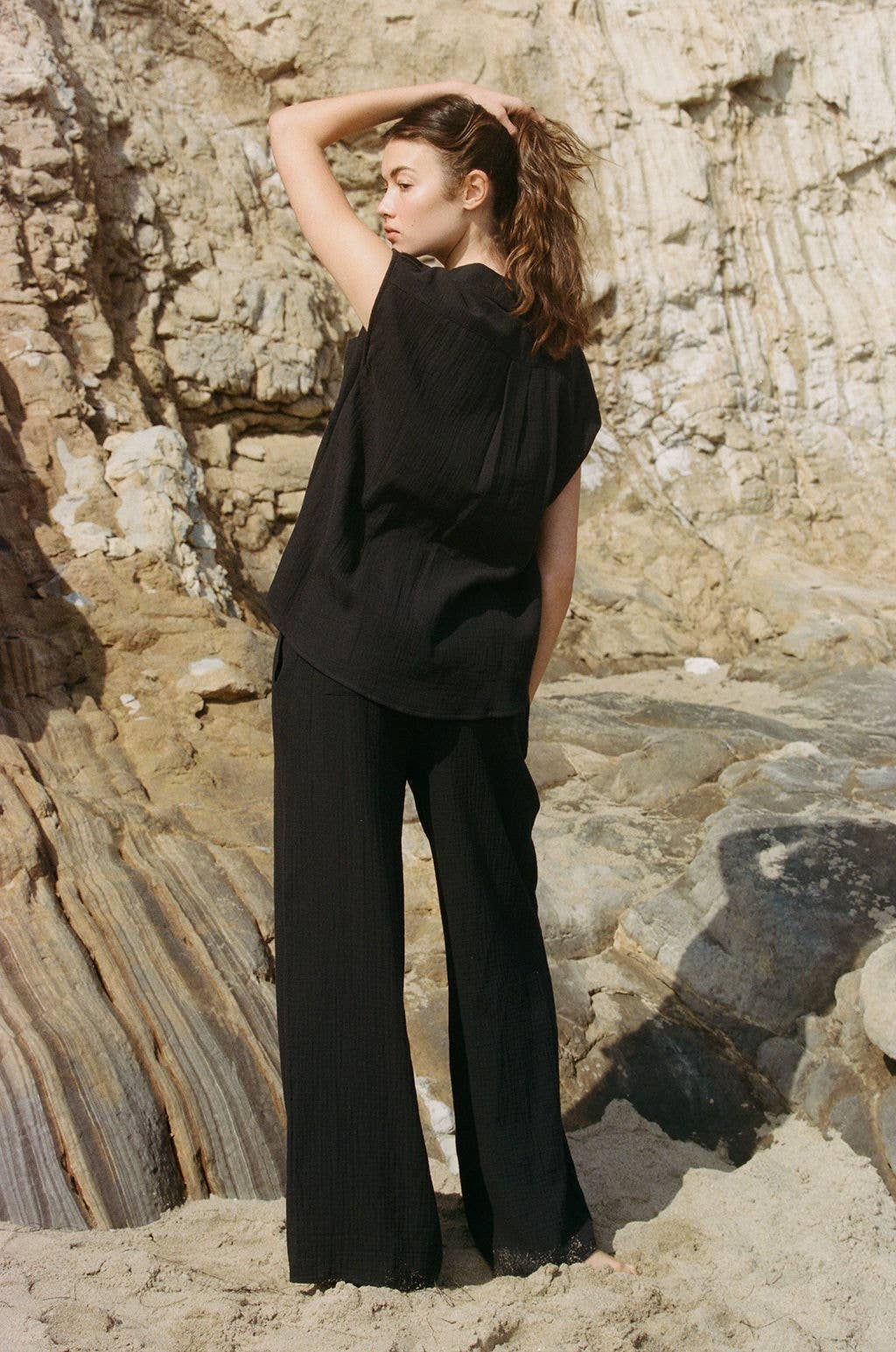 a.ren -Cotton Gauze Wide Leg Pants- Black - Image 3