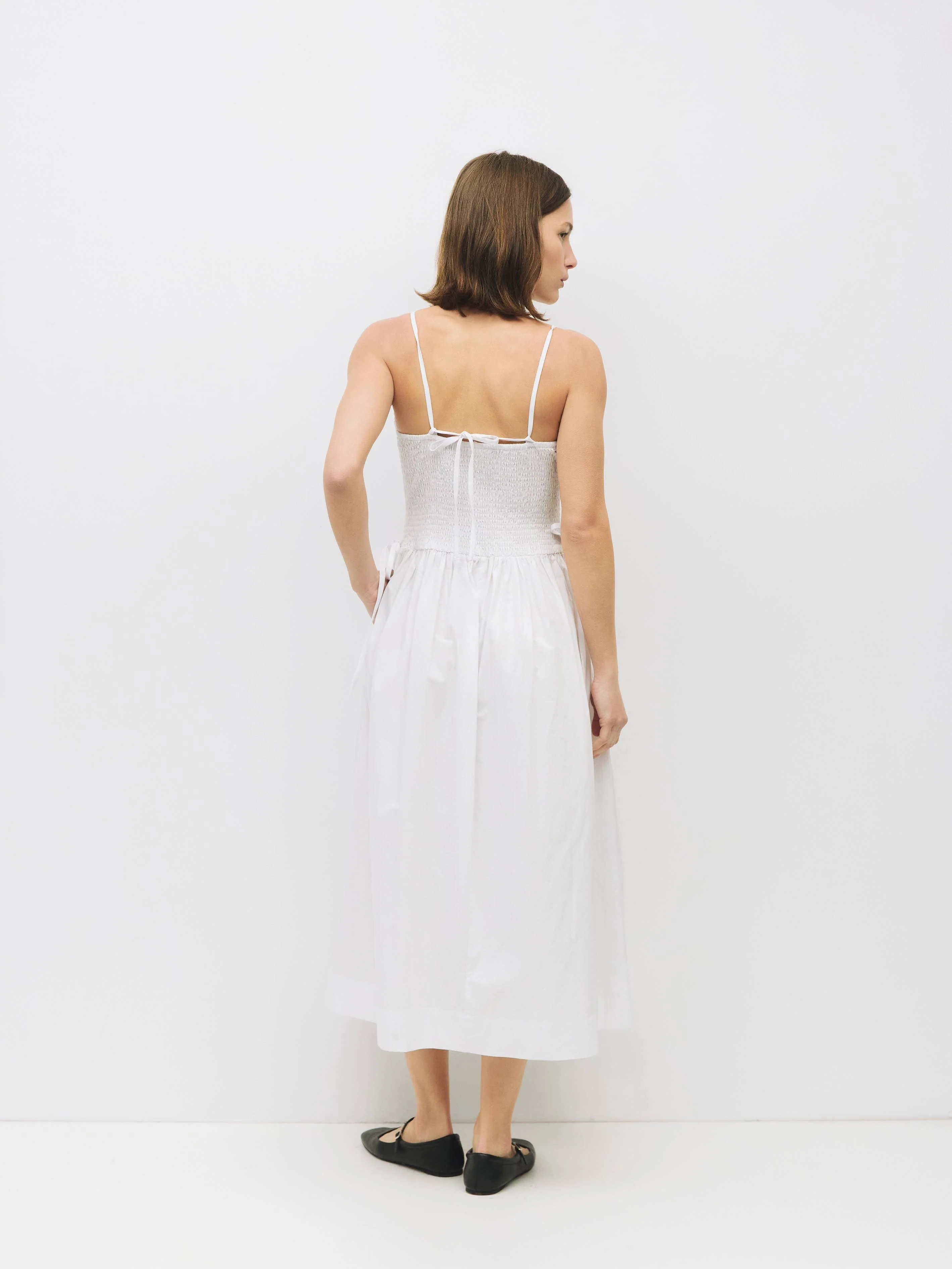 All Row - The Jenni Dress | Smocked Midi Dress with Side Ties: WHITE - Image 3