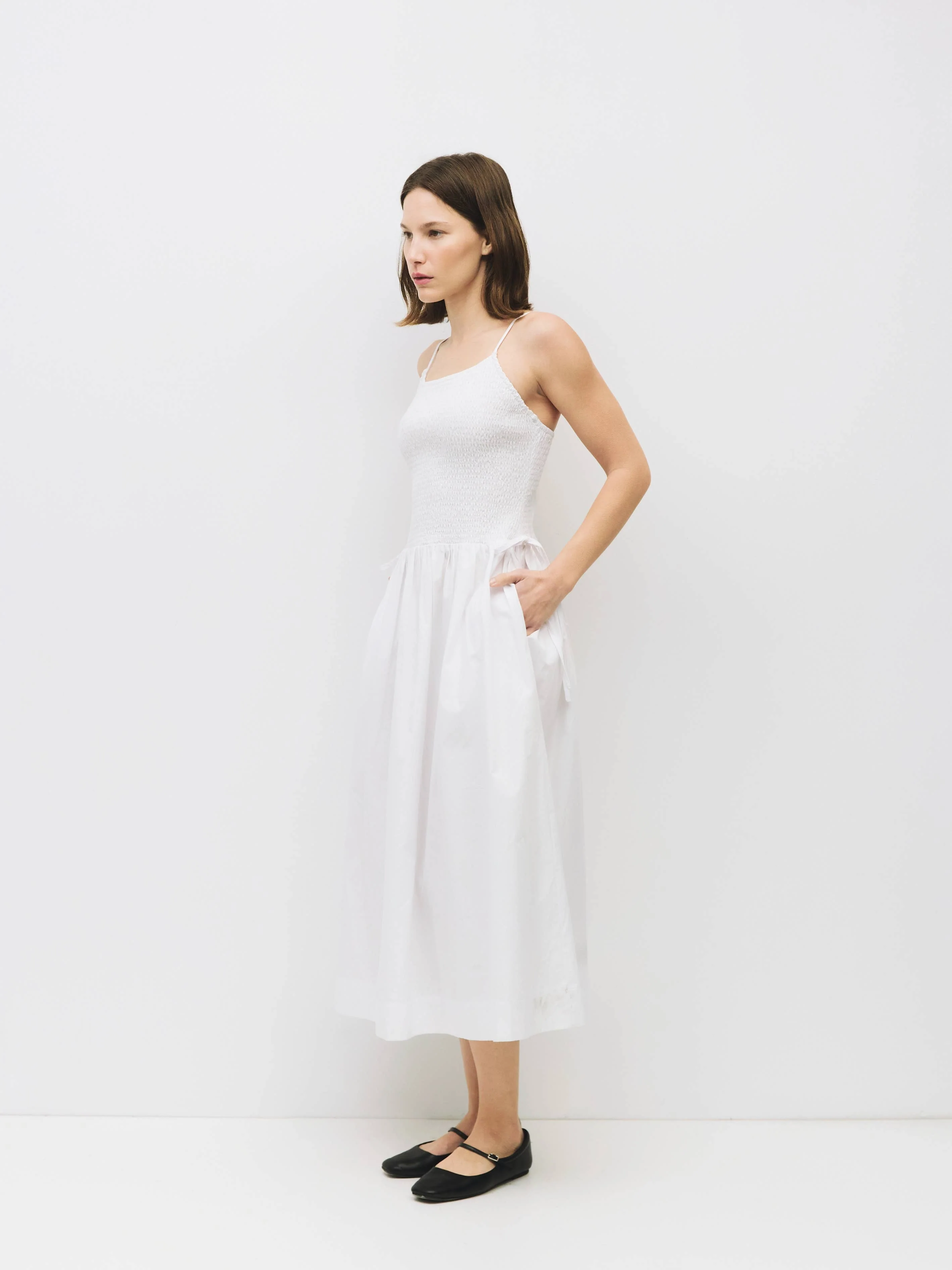 All Row - The Jenni Dress | Smocked Midi Dress with Side Ties: WHITE - Image 4