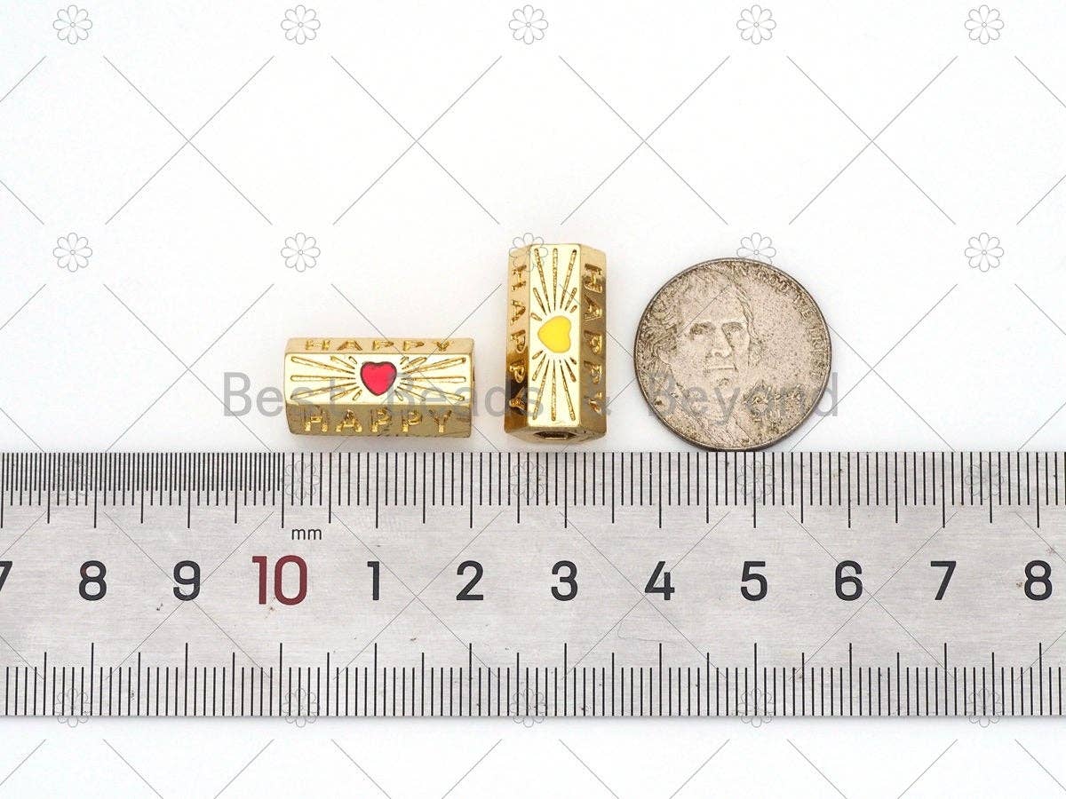 BestBeads&Beyond - Happy Word with Yellow/Red Enamel Heart On Hexagon Shape Large Hole Tube Spacer Beads, 18K Gold Filled Beads, Tube Spacer,11x20mm, Sku#Y529: 2 Red Heart / 1pc - Image 2