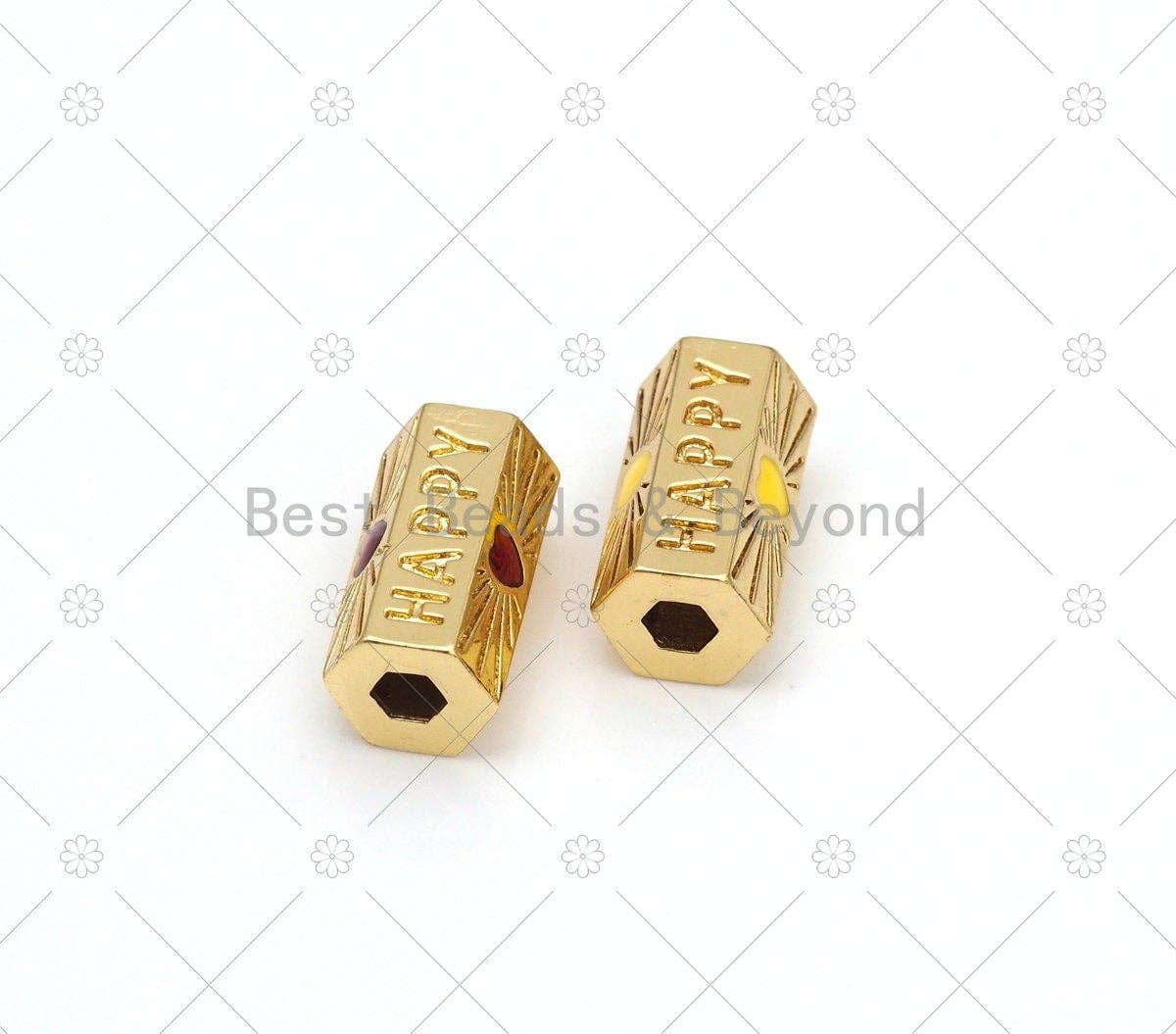 BestBeads&Beyond - Happy Word with Yellow/Red Enamel Heart On Hexagon Shape Large Hole Tube Spacer Beads, 18K Gold Filled Beads, Tube Spacer,11x20mm, Sku#Y529: 2 Red Heart / 1pc - Image 3