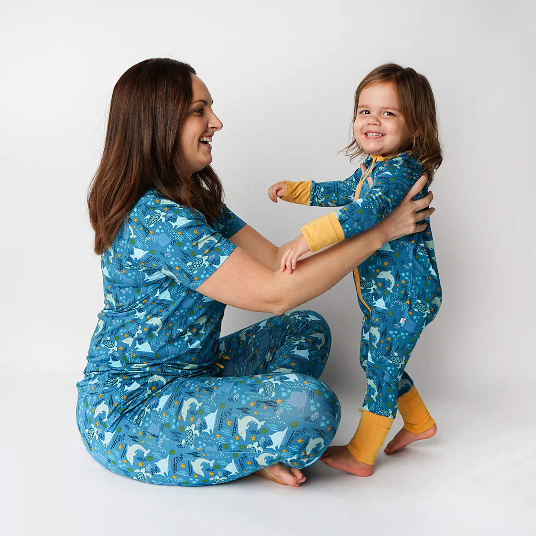 Emerson and Friends - Ocean Friends Bamboo Pajama Convertible Footie Romper: Blue / 6-12M - Image 4