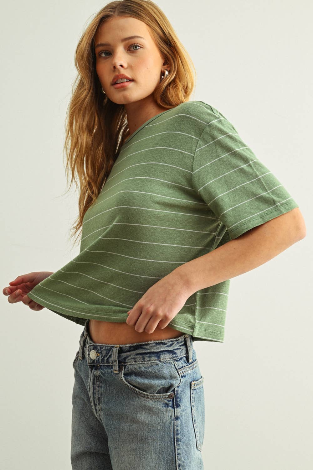 MIOU MUSE - GREEN STRIPE COTTON LINEN TOP