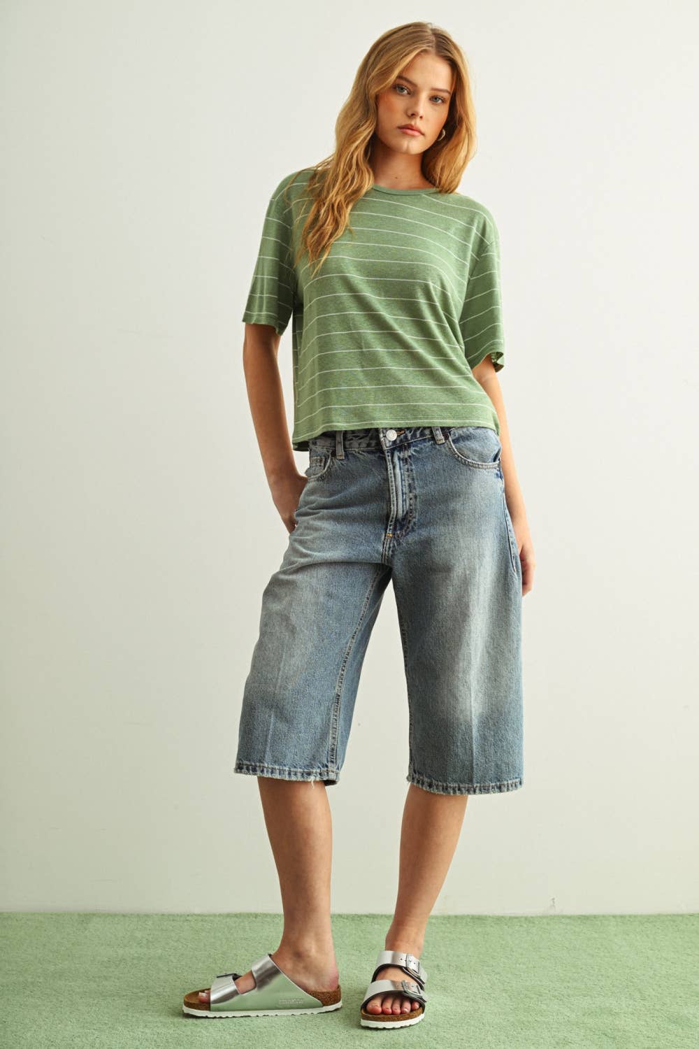 MIOU MUSE - GREEN STRIPE COTTON LINEN TOP - Image 4