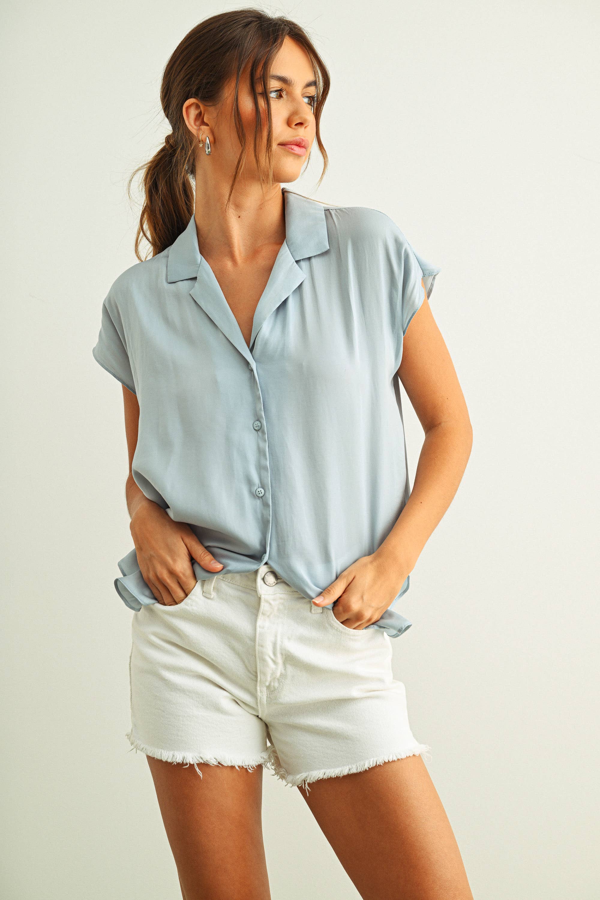 MIOU MUSE - Baby Blue - BUTTON DOWN CAP SLEEVE SHIRT