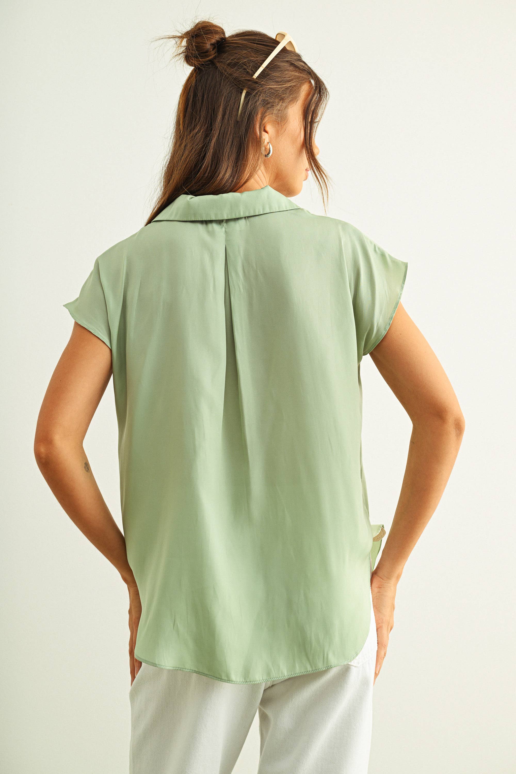 MIOU MUSE - Baby Blue - BUTTON DOWN CAP SLEEVE SHIRT - Image 13