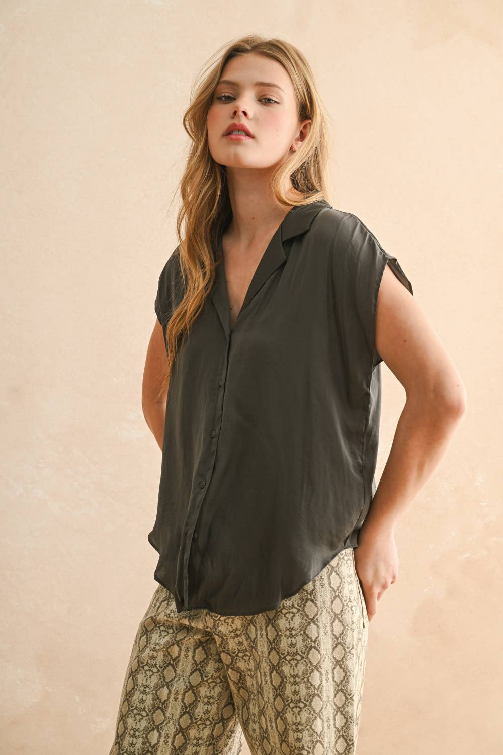 MIOU MUSE - Baby Blue - BUTTON DOWN CAP SLEEVE SHIRT - Image 16