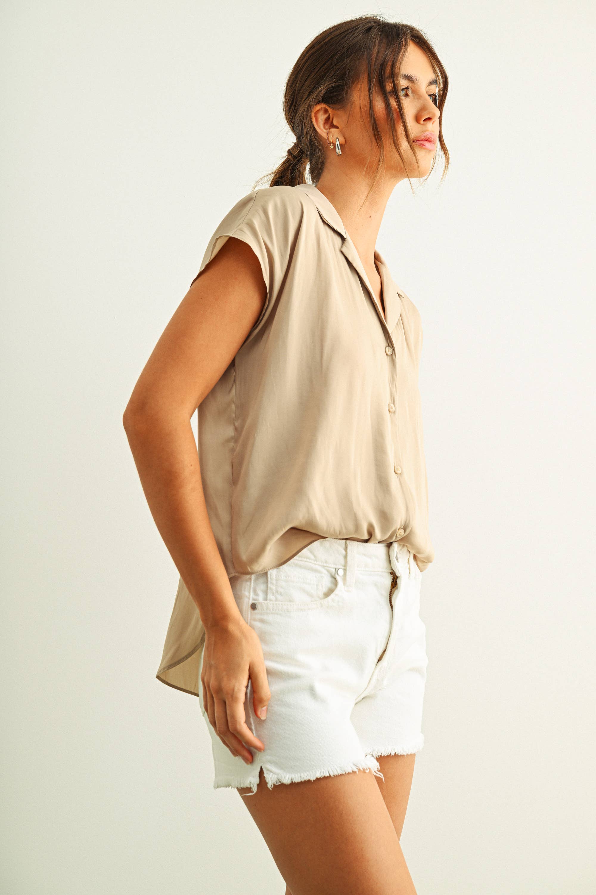 MIOU MUSE - Baby Blue - BUTTON DOWN CAP SLEEVE SHIRT - Image 22