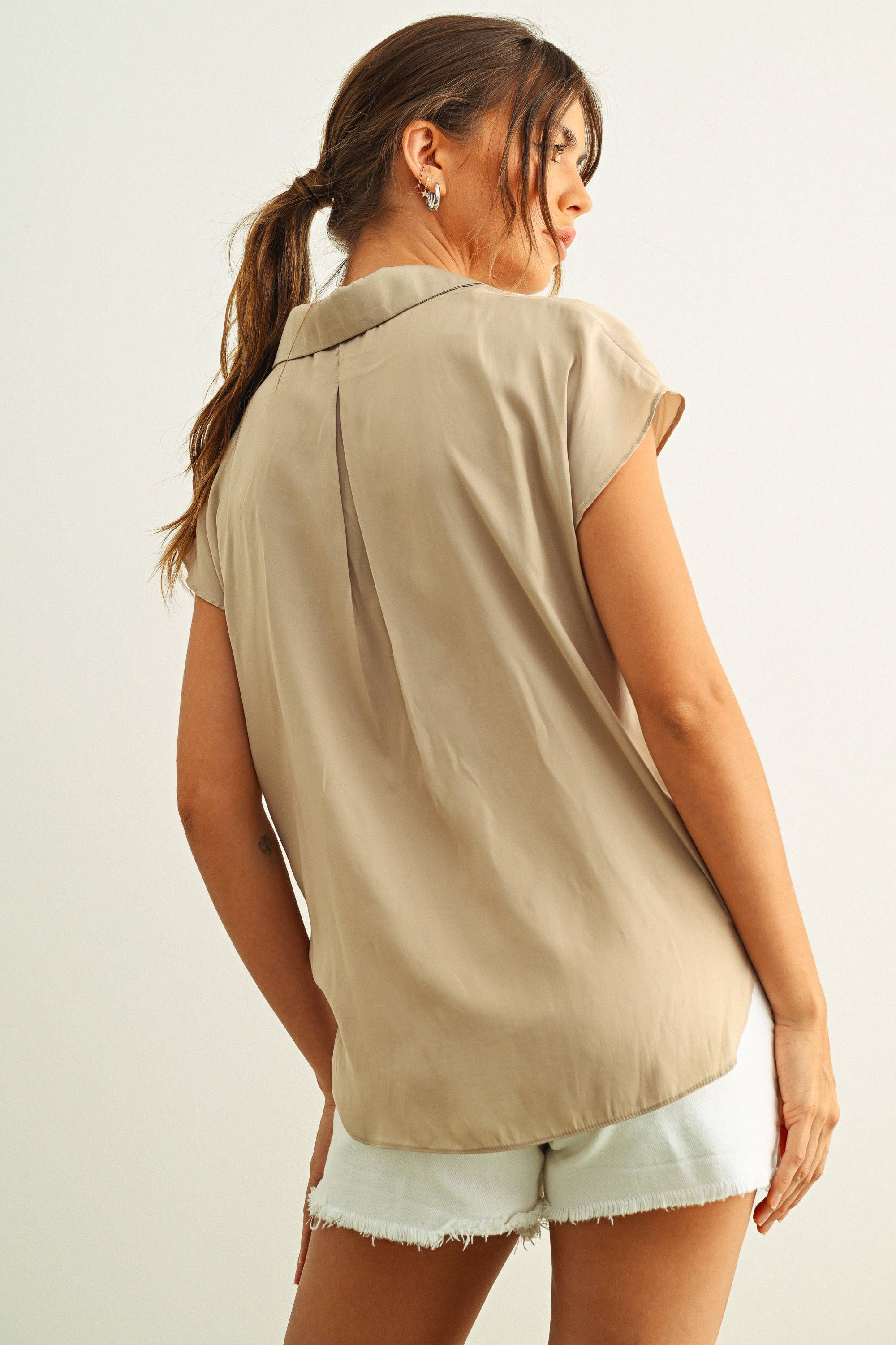 MIOU MUSE - Baby Blue - BUTTON DOWN CAP SLEEVE SHIRT - Image 23