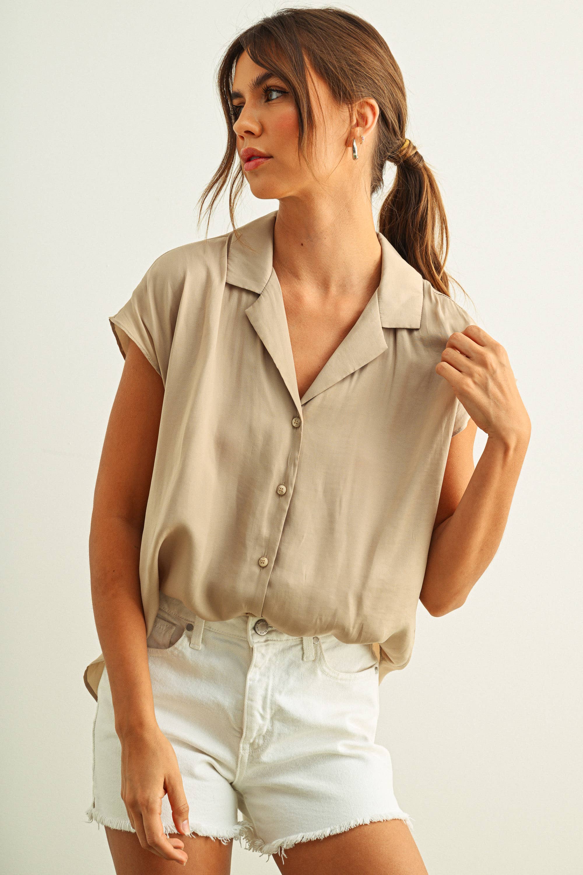 MIOU MUSE - Baby Blue - BUTTON DOWN CAP SLEEVE SHIRT - Image 25