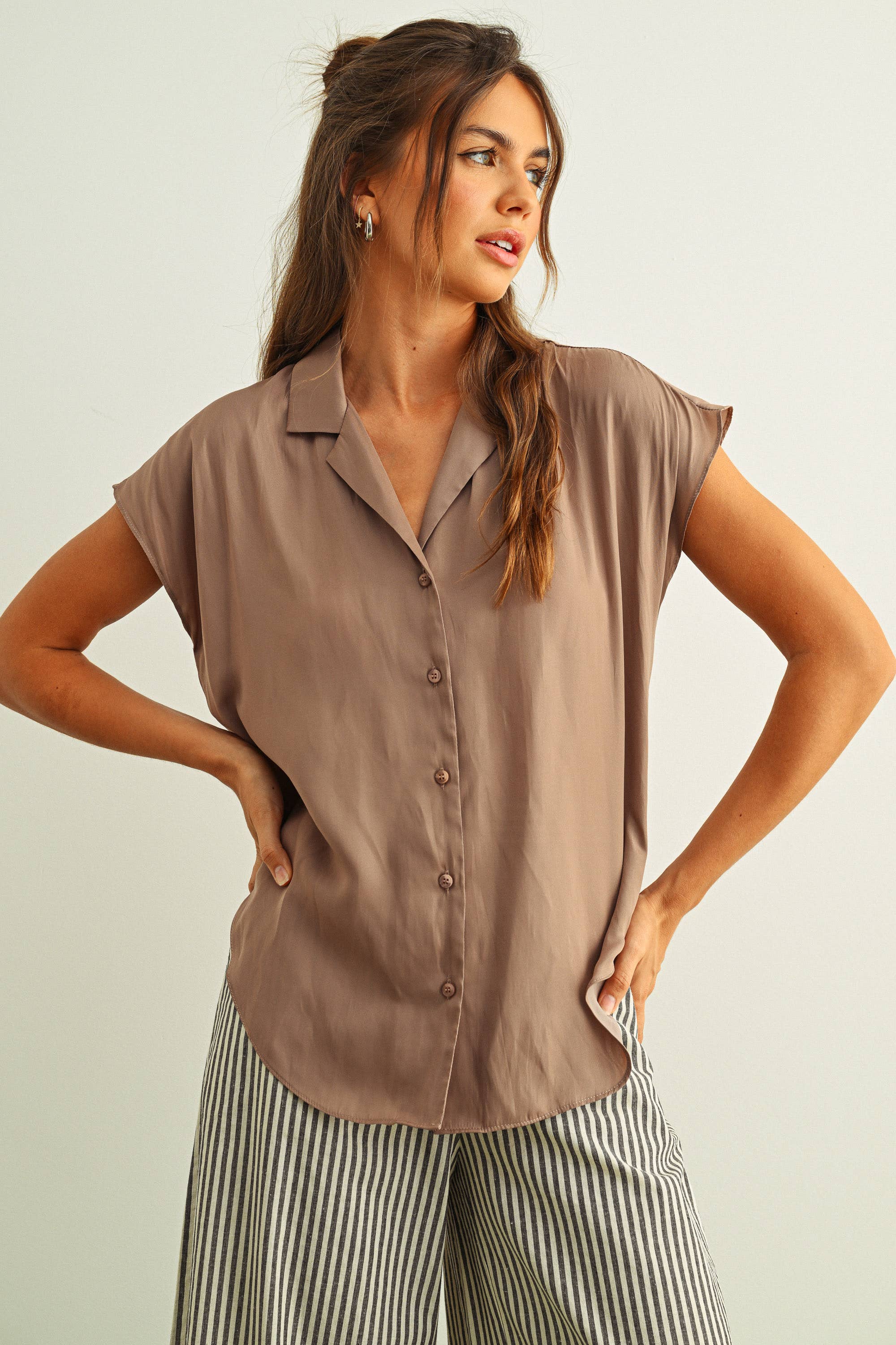 MIOU MUSE - Baby Blue - BUTTON DOWN CAP SLEEVE SHIRT - Image 26