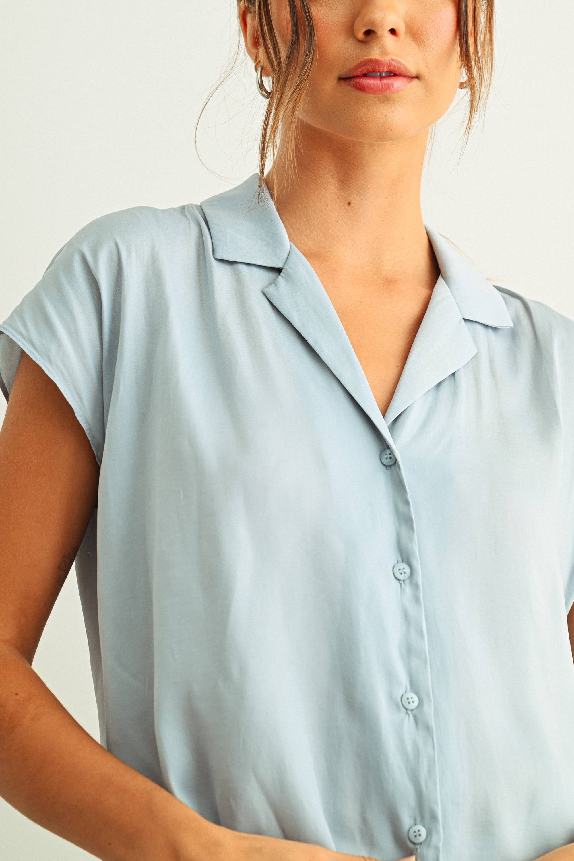 MIOU MUSE - Baby Blue - BUTTON DOWN CAP SLEEVE SHIRT - Image 5