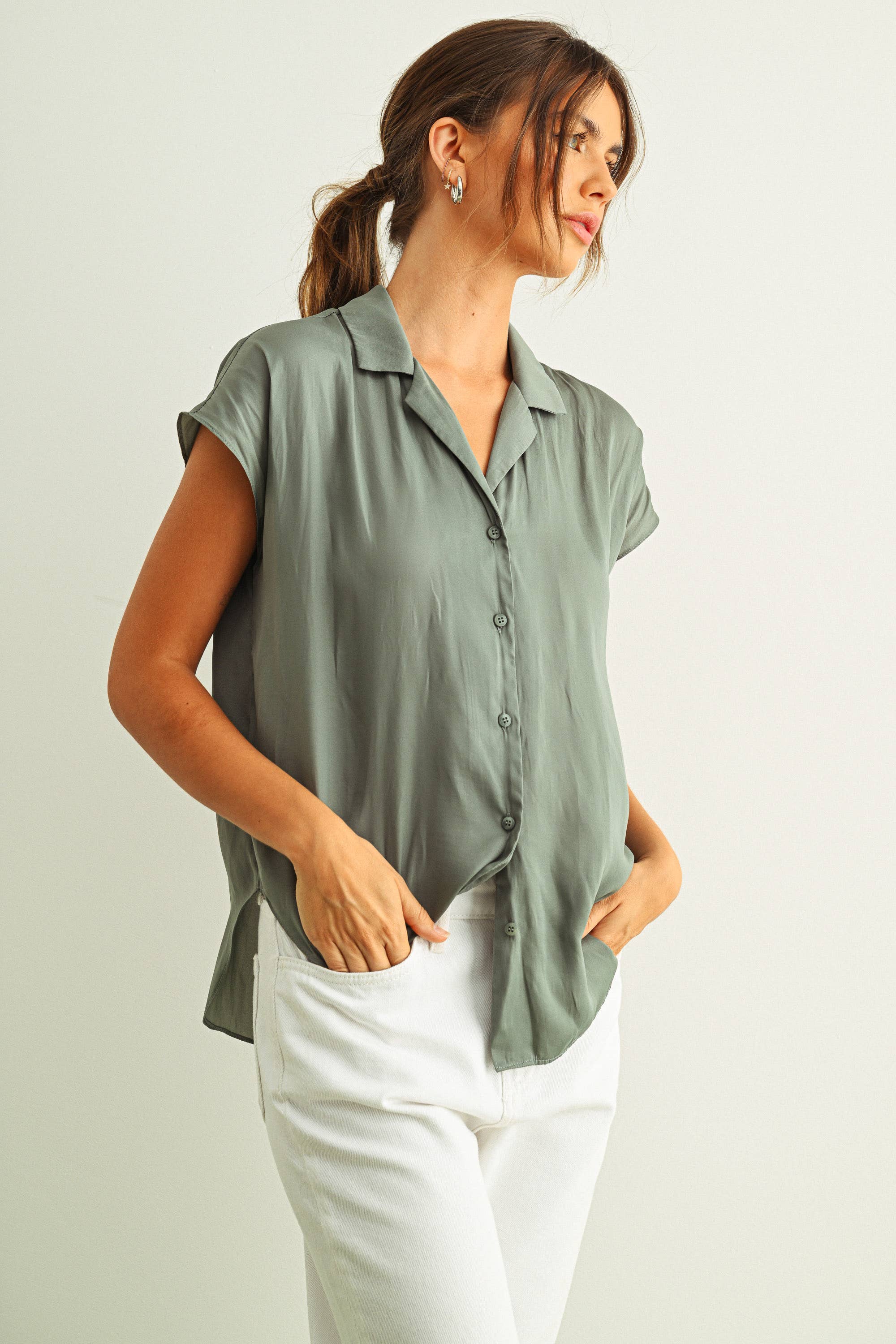 MIOU MUSE - Baby Blue - BUTTON DOWN CAP SLEEVE SHIRT - Image 7