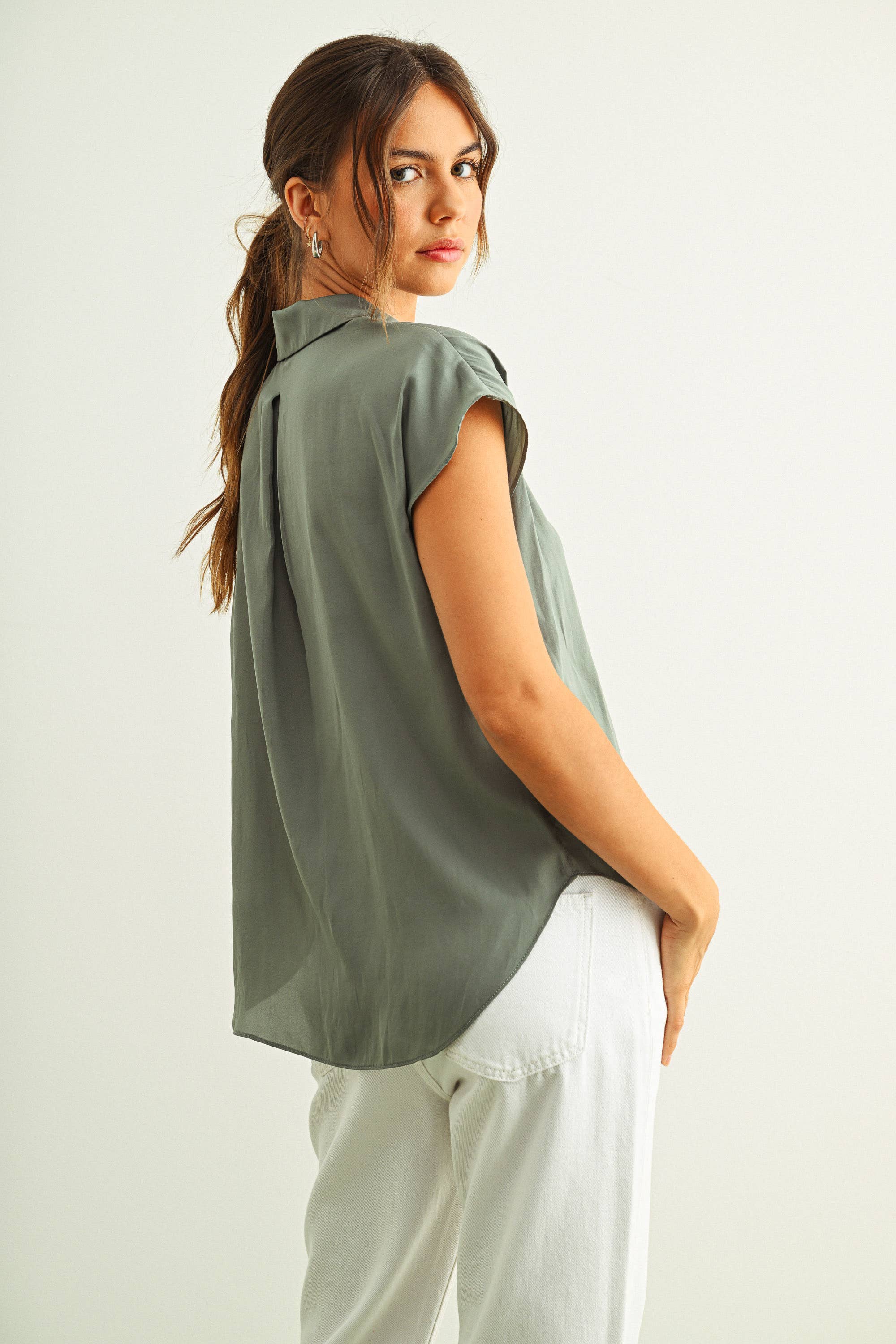 MIOU MUSE - Baby Blue - BUTTON DOWN CAP SLEEVE SHIRT - Image 8