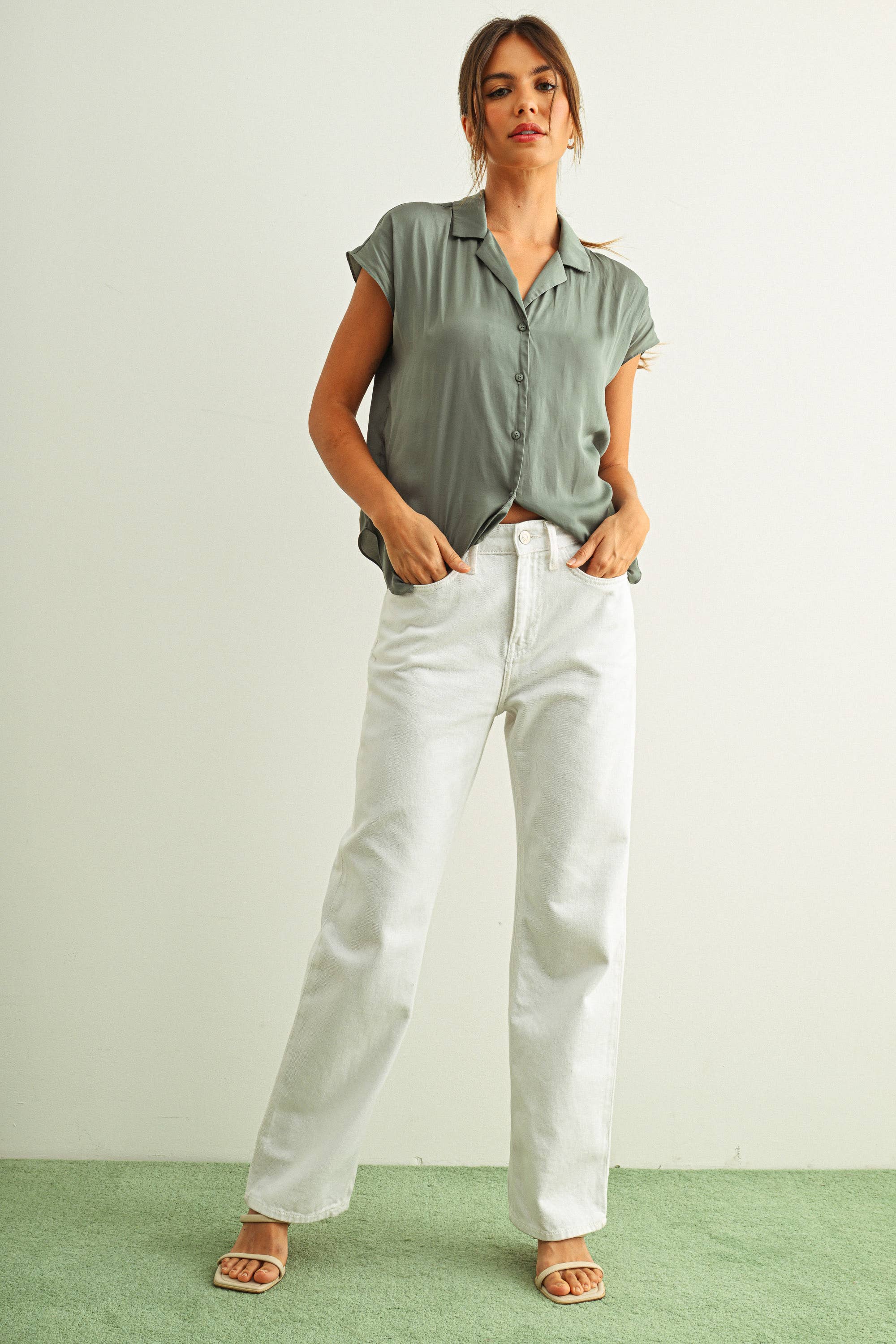 MIOU MUSE - Baby Blue - BUTTON DOWN CAP SLEEVE SHIRT - Image 9