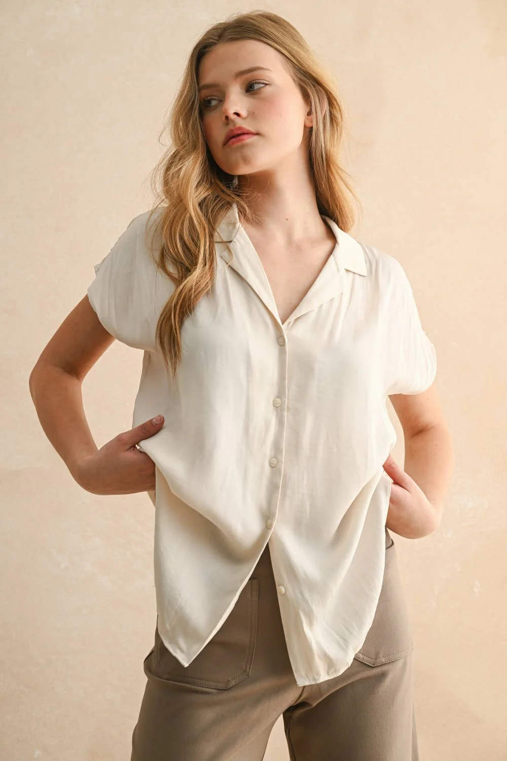 MIOU MUSE - Cream BUTTON DOWN CAP SLEEVE SHIRTS - Image 2