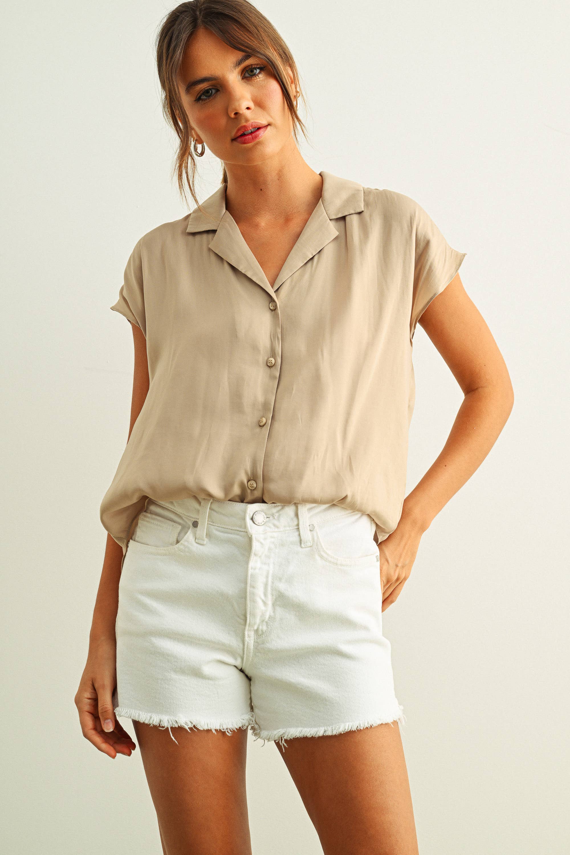 MIOU MUSE - Cream BUTTON DOWN CAP SLEEVE SHIRTS - Image 26