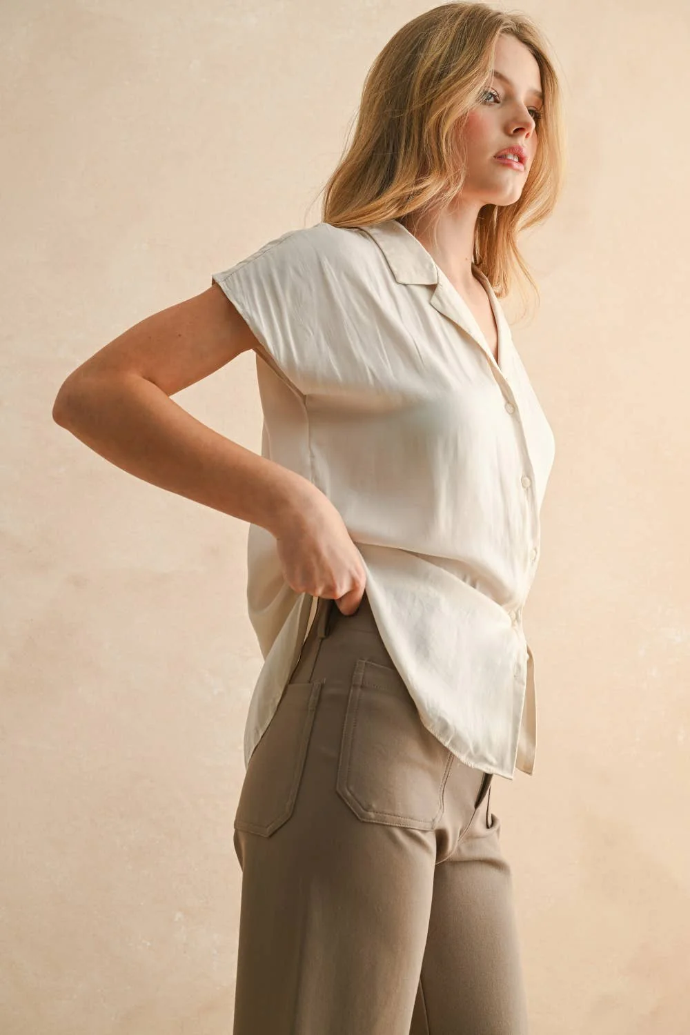 MIOU MUSE - Cream BUTTON DOWN CAP SLEEVE SHIRTS - Image 3