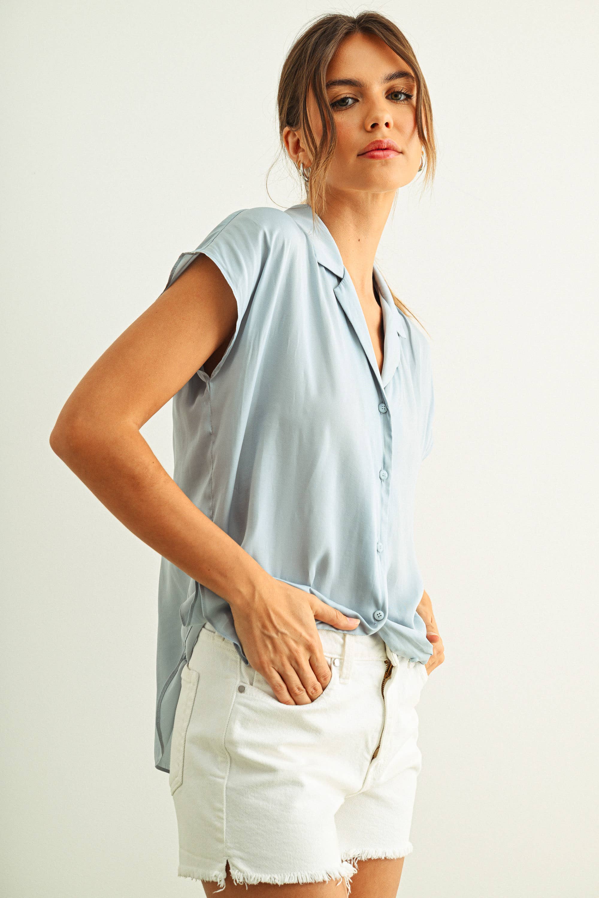 MIOU MUSE - Cream BUTTON DOWN CAP SLEEVE SHIRTS - Image 7