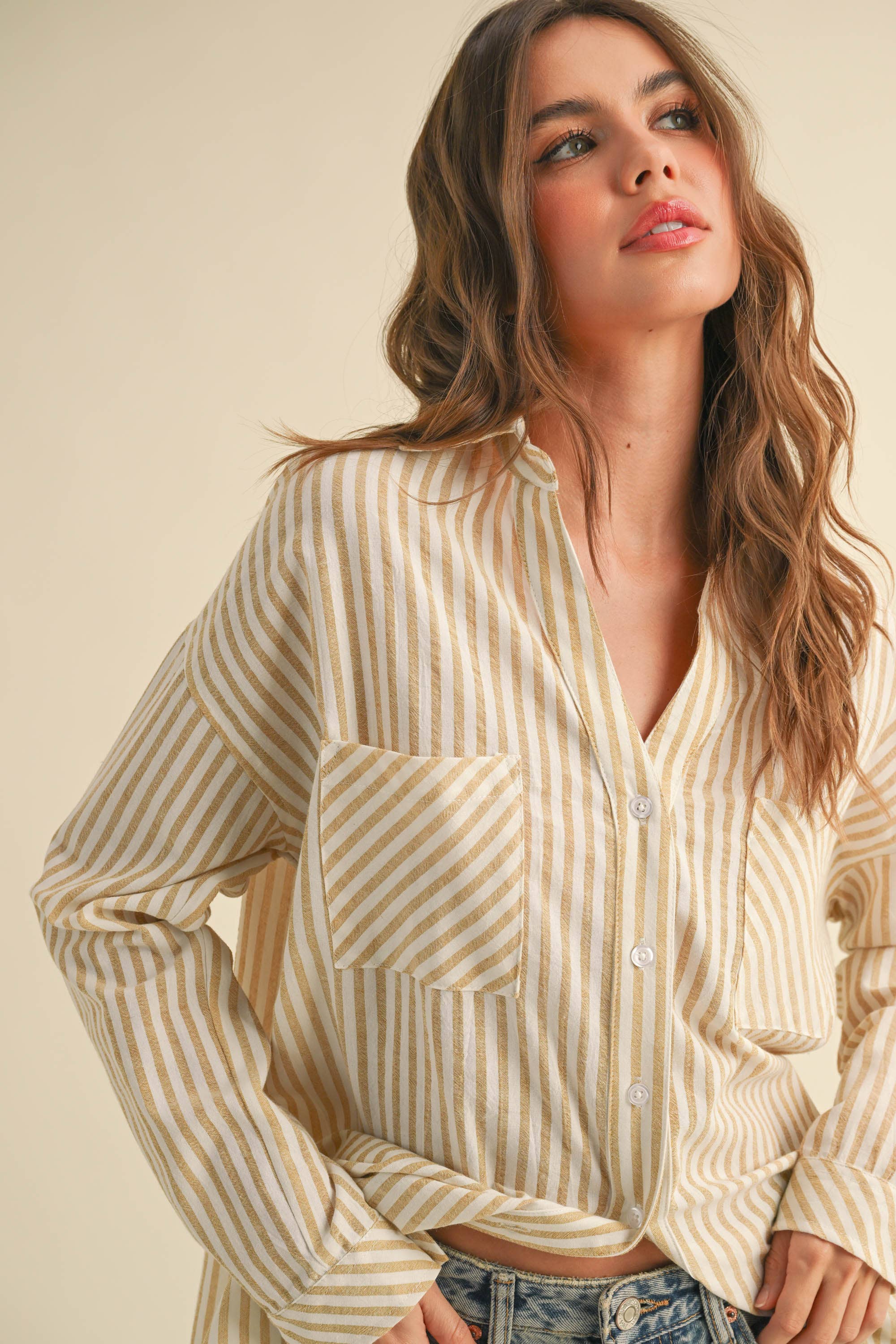 MIOU MUSE -STRIPED BUTTON DOWN SHIRT - Mustard - Image 10