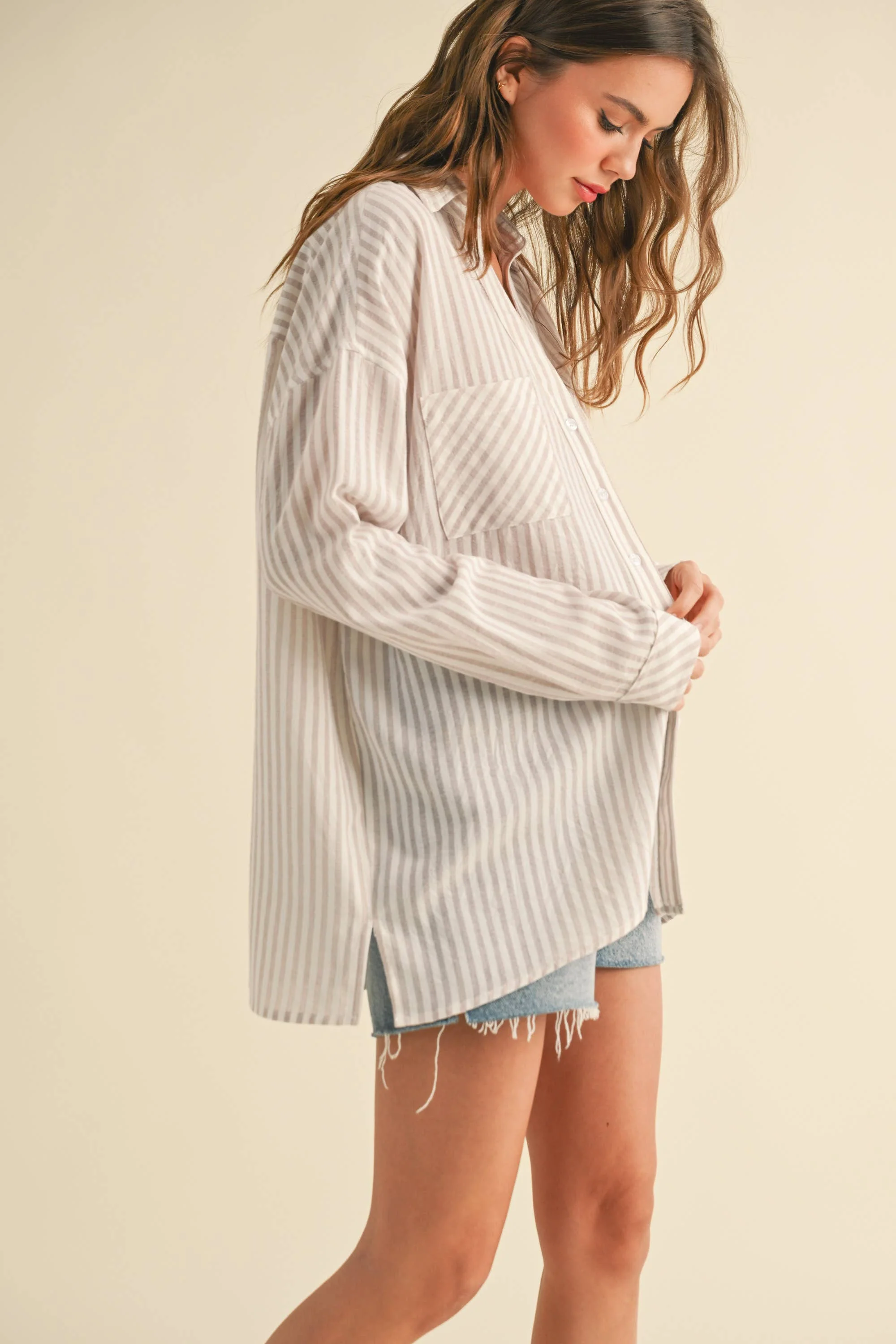 MIOU MUSE -STRIPED BUTTON DOWN SHIRT - Mustard - Image 3