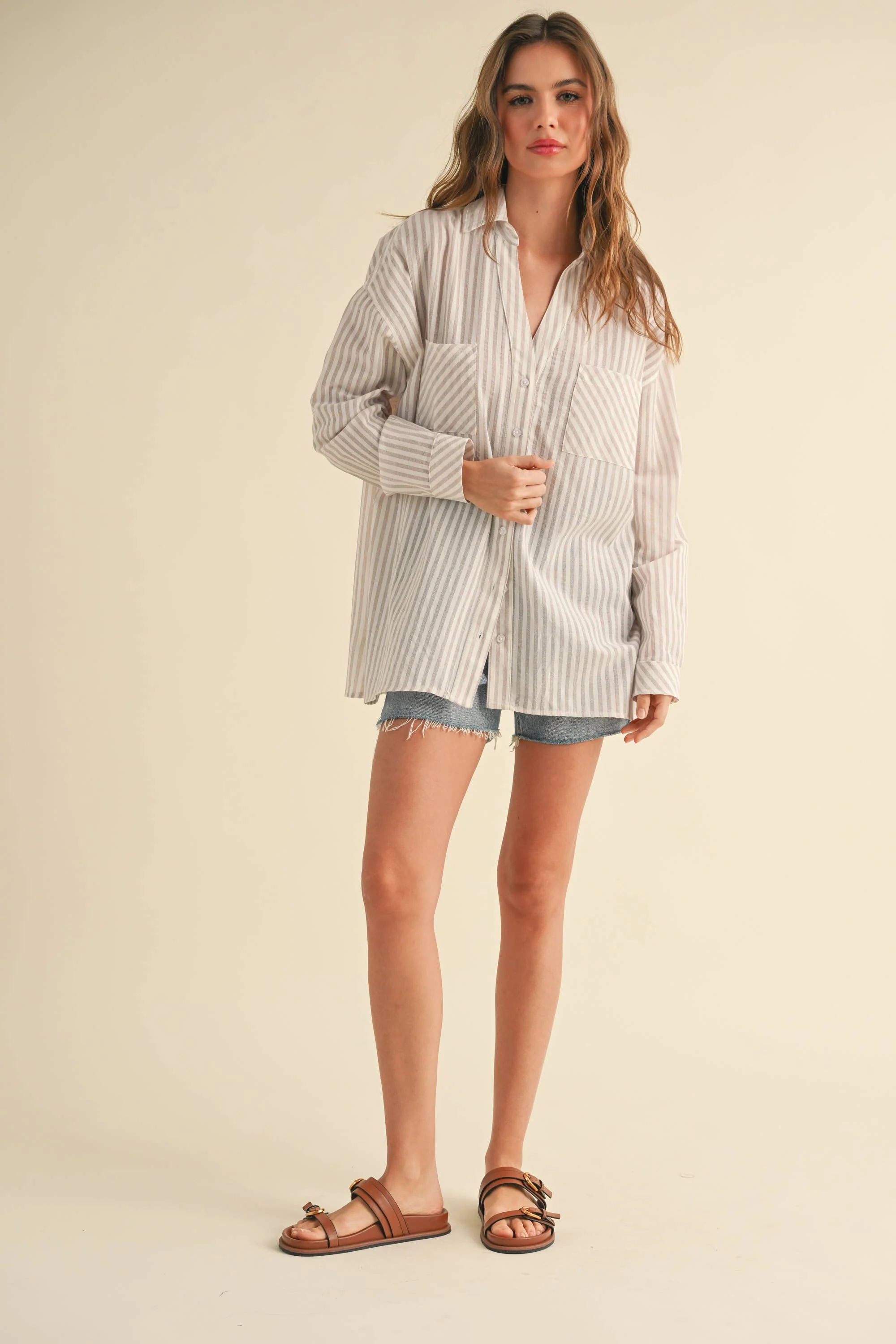 MIOU MUSE -STRIPED BUTTON DOWN SHIRT - Mustard - Image 5