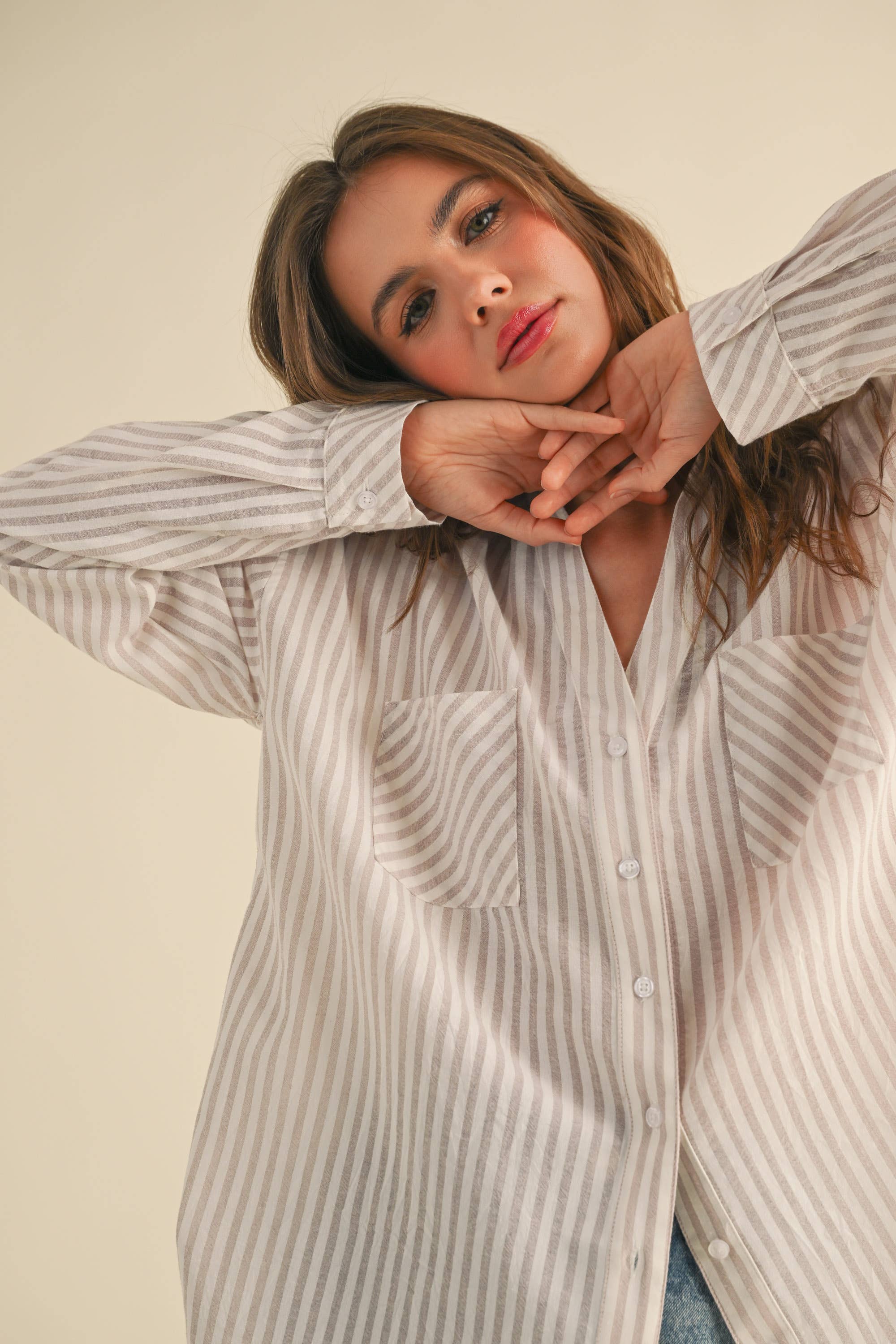MIOU MUSE -STRIPED BUTTON DOWN SHIRT - Mustard - Image 6