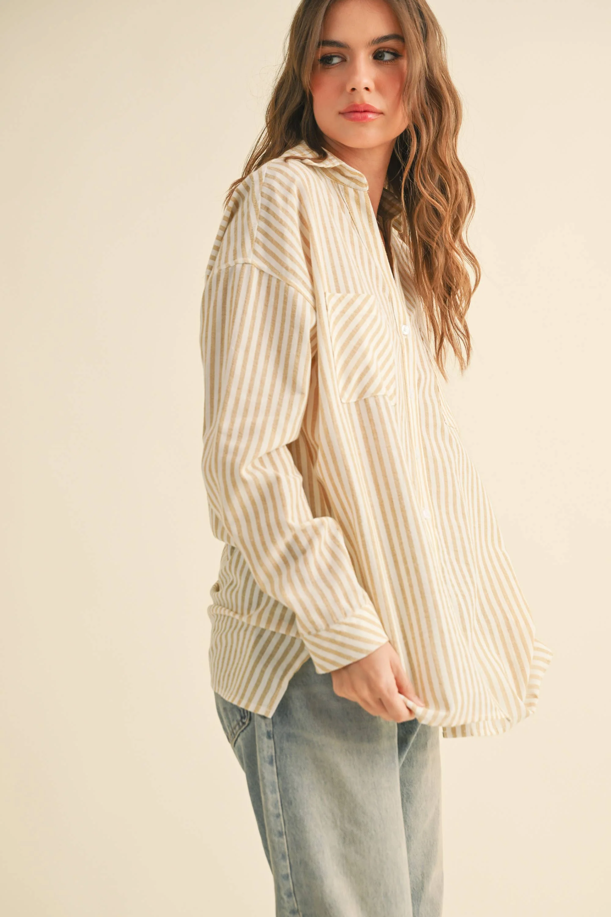 MIOU MUSE -STRIPED BUTTON DOWN SHIRT - Mustard - Image 7