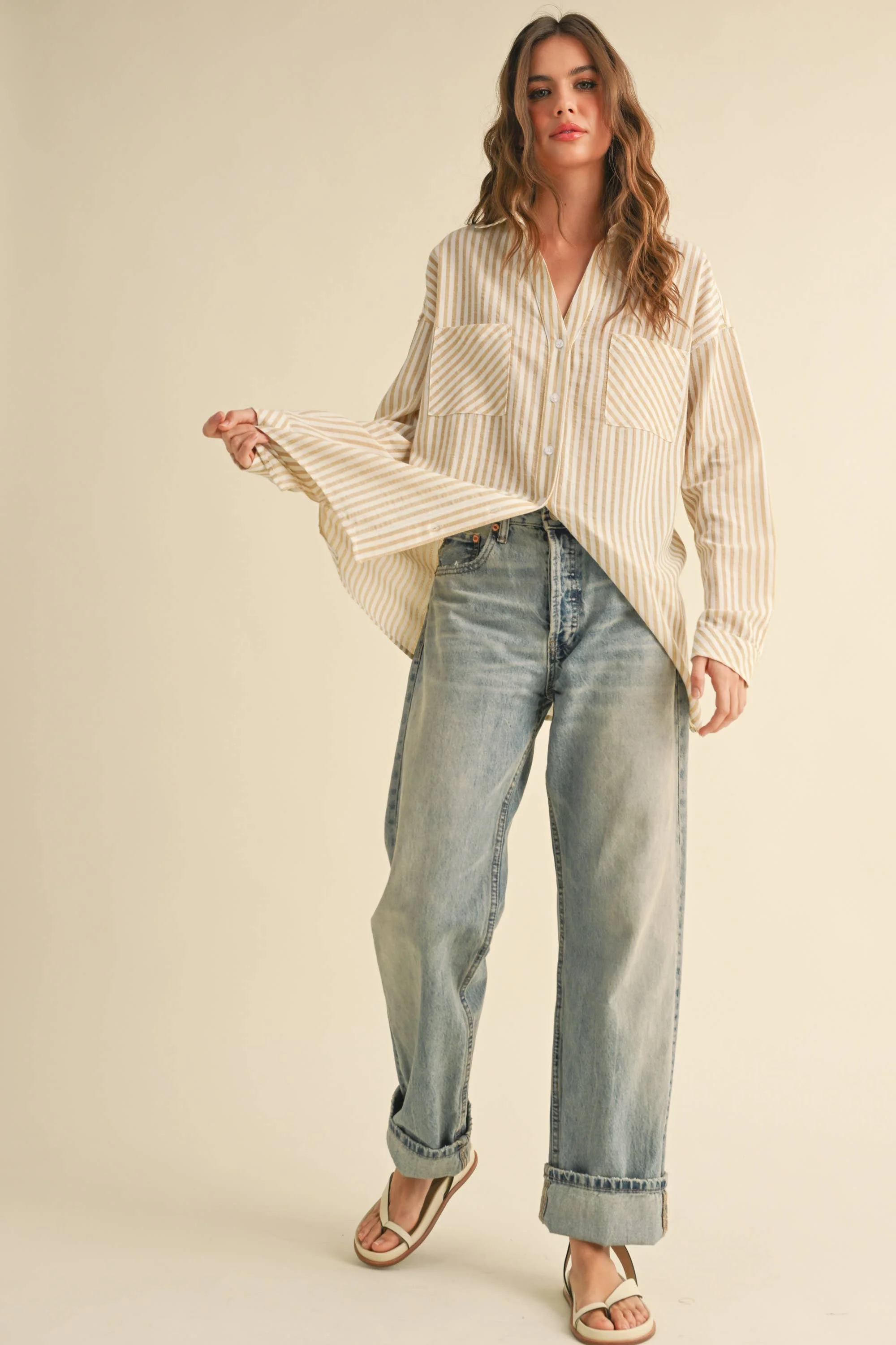 MIOU MUSE -STRIPED BUTTON DOWN SHIRT - Mustard - Image 9