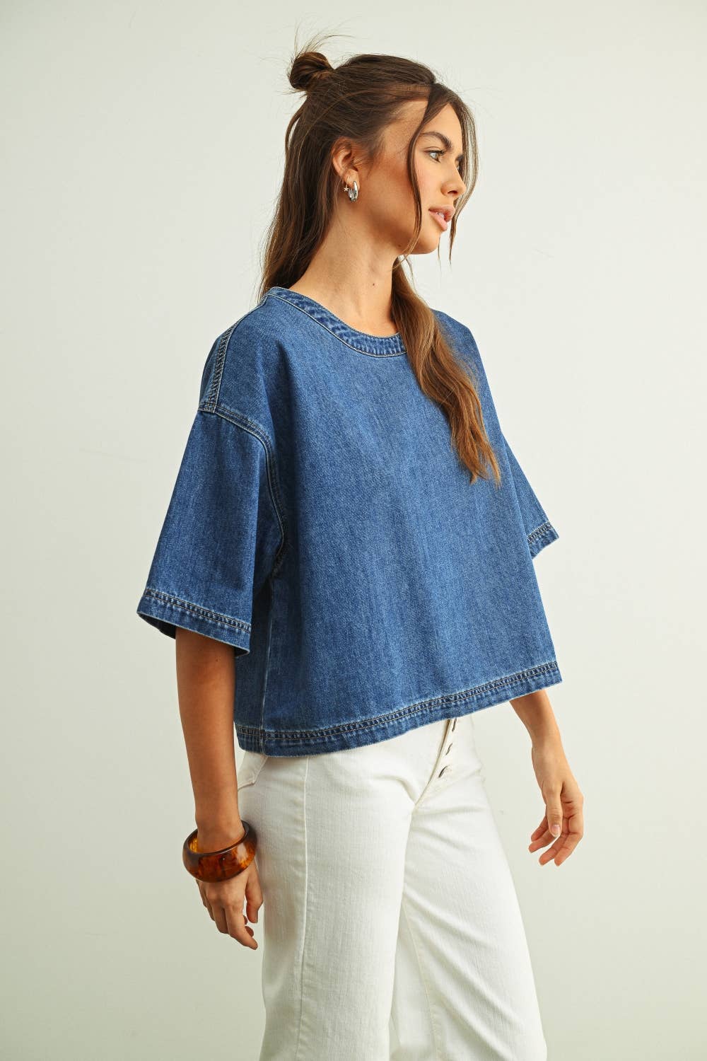 MIOU MUSE - DENIM SHORT SLEEVE TOP - Image 3