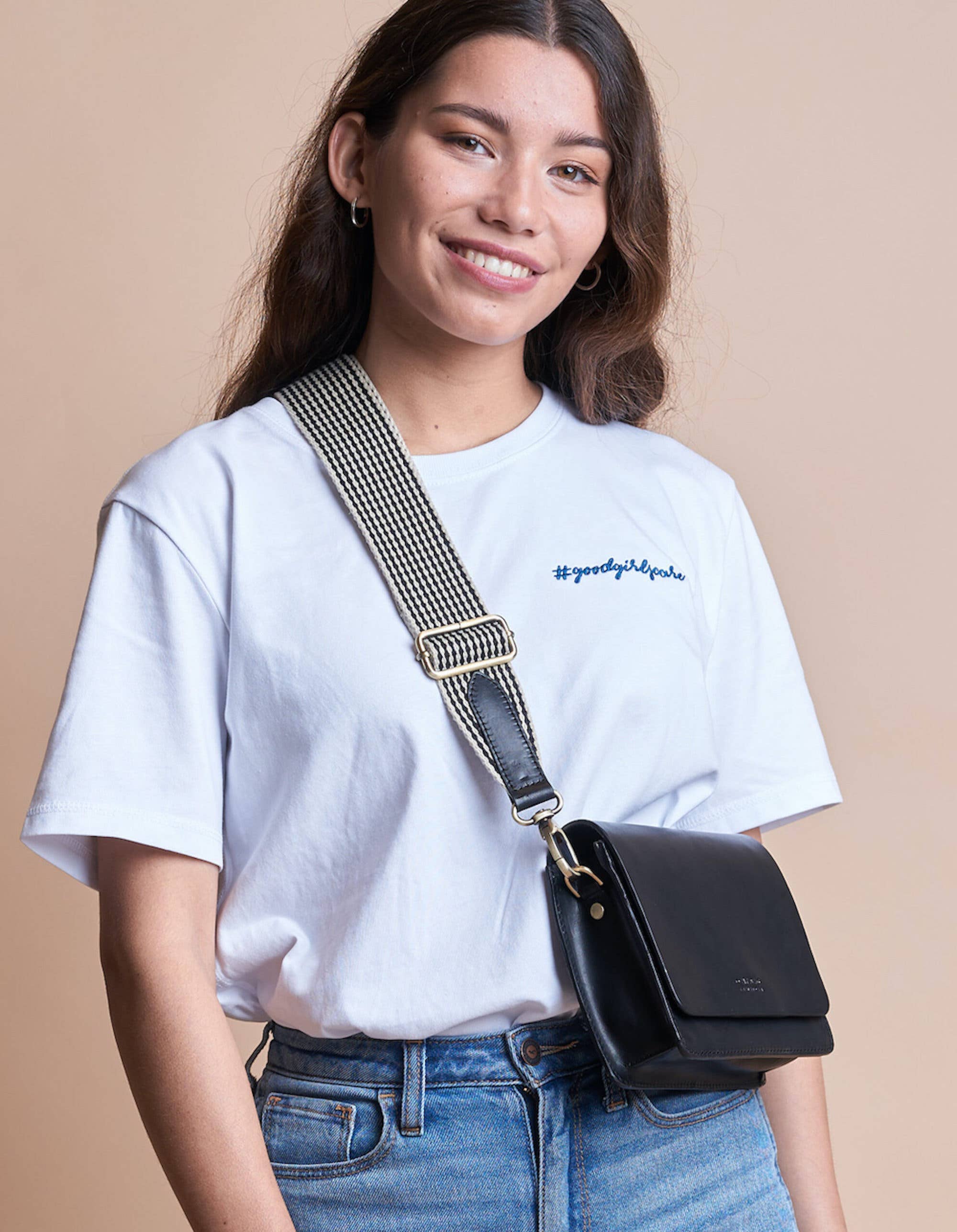 O My Bag - Checkered Webbing Strap - Black Leather - Image 3