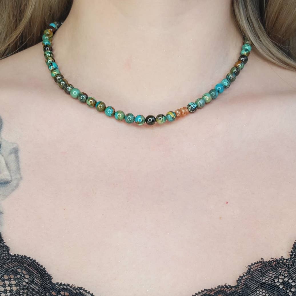 Round Turquoise Necklace with Sunstone Offset - Image 3