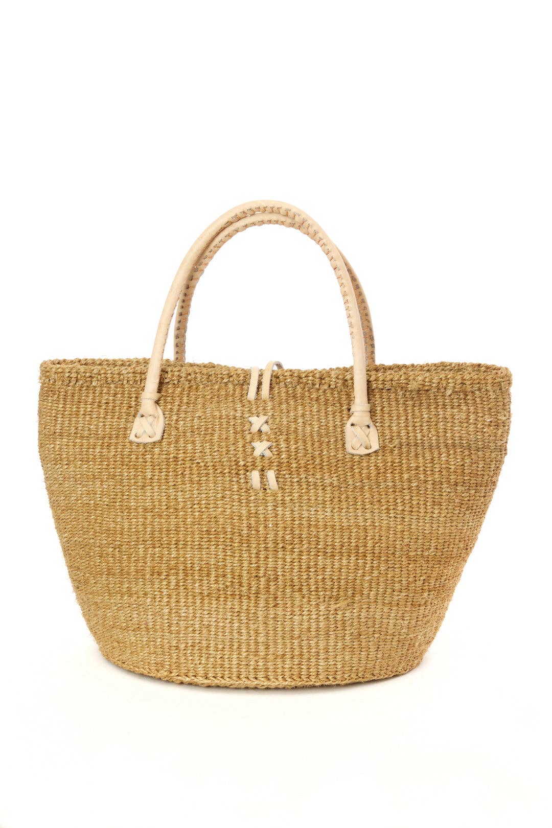 Classic Khaki Sisal Handbag with Leather Handles - Image 2