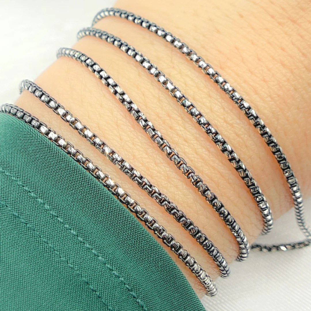 Tresor Jewelry Inc. - Black Rhodium & White 925 Sterling Silver Diamond Cut Box Chain. X9ND: Black & Silver / 1 Ft / Box - Image 5